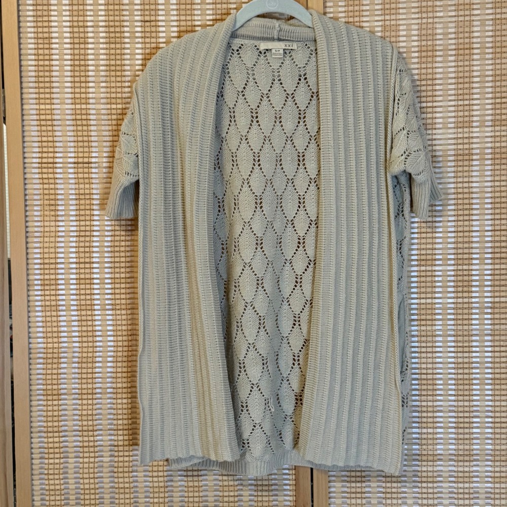 XXI Forever 21 Beige Pointelle Knit Open Front Cardigan Short Sleeve Sweater S
